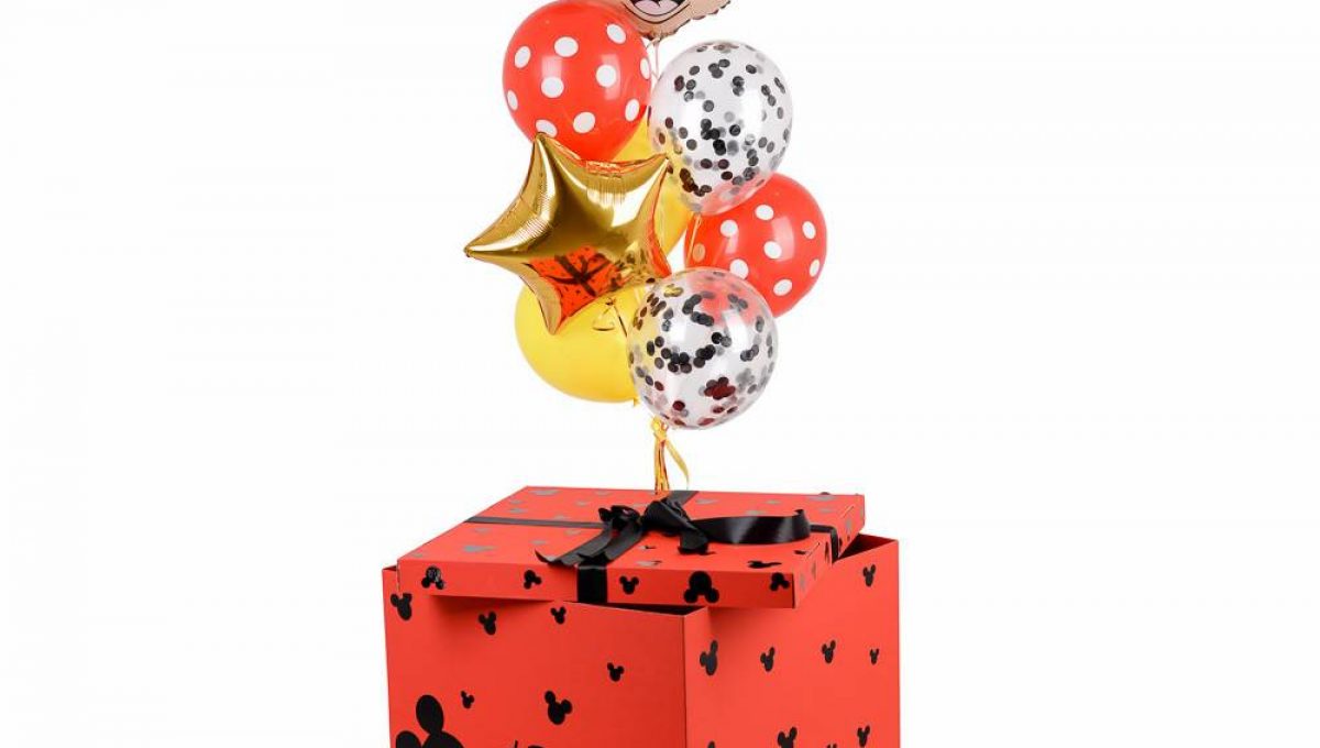 Коробка-сюрприз с воздушными шарами Микки.